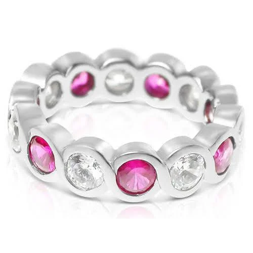 Rings with pave-set gemstones for brilliance -3.20 CT Round Cut Rubies & Diamonds - Eternity Ring