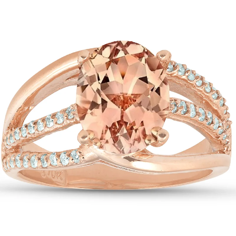 Rings with oxidized silver for antique appeal -3 Ct TW Large Oval Peach Morganite & Diamond Ring 10k Rose Gold