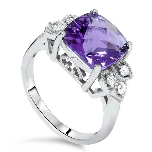 Rings with faceted aquamarine for sea glow -4 1/4ct Cushion Amethyst Vintage Diamond Ring 14K White Gold