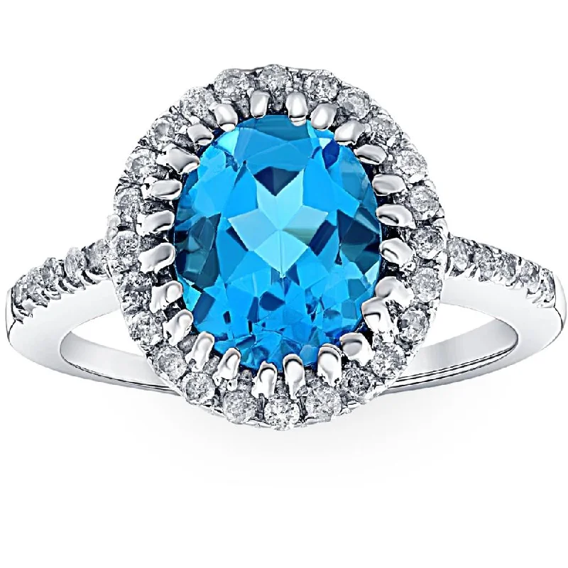 Rings with faceted garnet for deep shine -4 3/4 Ct Oval Blue Topaz Diamomnd Halo Ring 14k White Gold