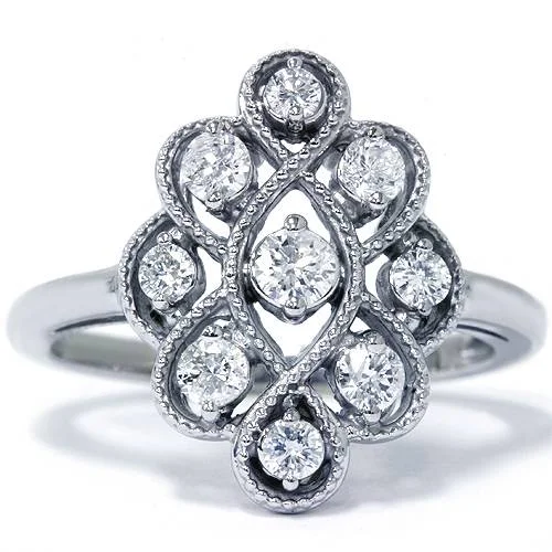 Rings with adjustable bands for perfect fit -5/8ct Vintage Style Diamond Ring 14K White Gold