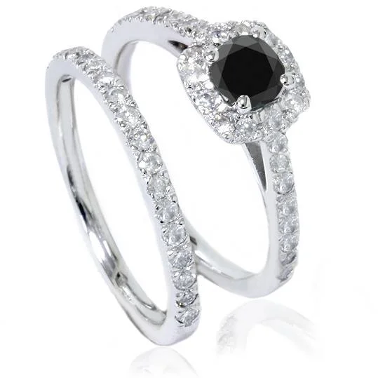 Minimalist rings with tiny diamond dot accents -7/8ct Cushion Halo Black Diamond Engagement Ring Set 14K White Gold