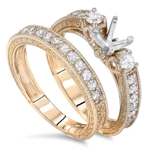 Rings with vintage-inspired rose-cut diamonds -7/8ct Vintage Engagement Ring Mount Set 14K Yellow Gold