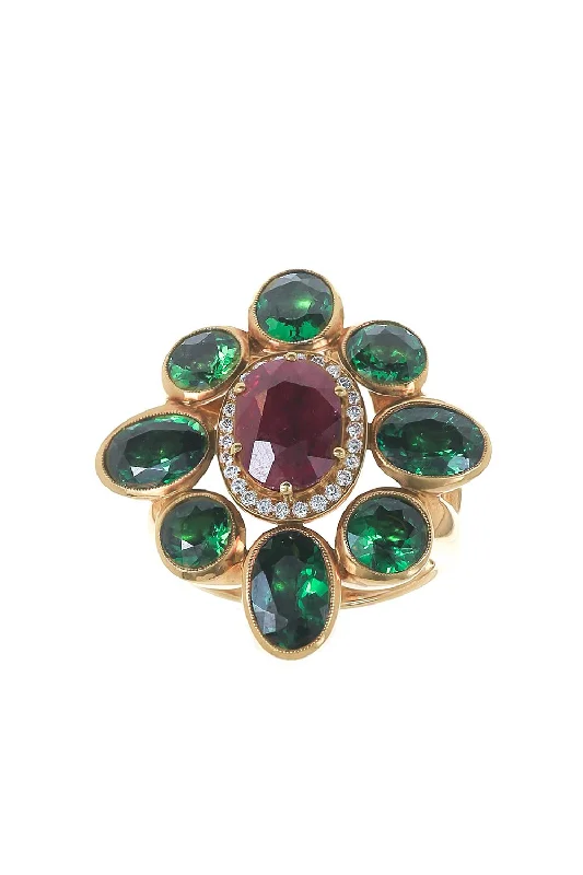 Rings with spiral designs for eye-catching twist -Ruby Diamond Tsavorite Ring