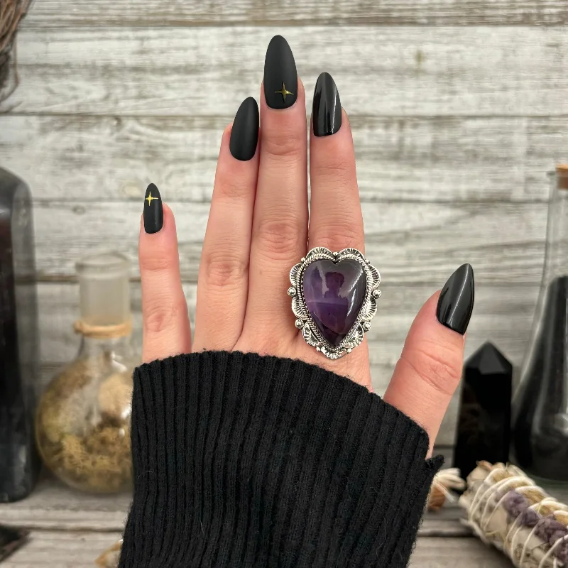 Rings with peacock ore for iridescent glow -Amethyst Heart Crystal Statement Ring in Sterling Silver- Designed by FOXLARK Collection Adjusts to size 6,7,8,9, 10 / Gothic Jewelry