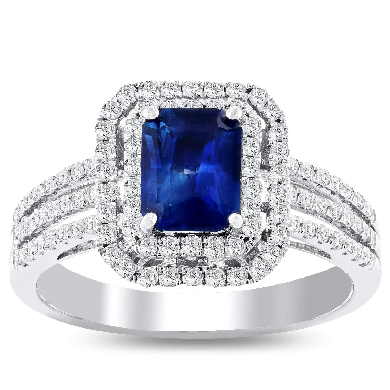 Bold rings with oversized amethyst gemstones -Auriya 18k White Gold 1 1/10ct Emerald-Cut Blue Sapphire and 1/2ctw Halo Diamond Engagement Ring