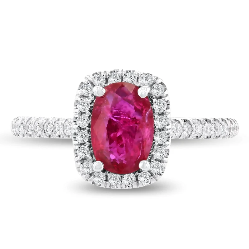 Rings with spiral ruby for bold twist -Auriya 18k White Gold 1ct Oval-Cut Rare Unheated Ruby and 1/3ct TDW Diamond Halo Engagement Ring