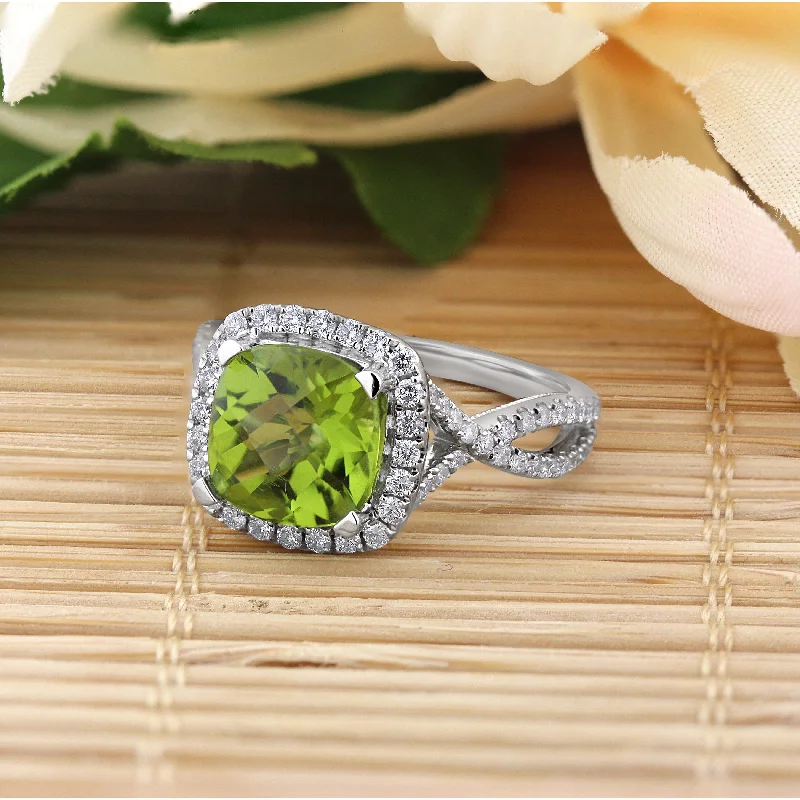 Rings with black diamond for striking contrast -Auriya 3 1/8ct Cushion-cut Peridot and Halo Diamond Engagement Ring 1/2cttw 14k Gold