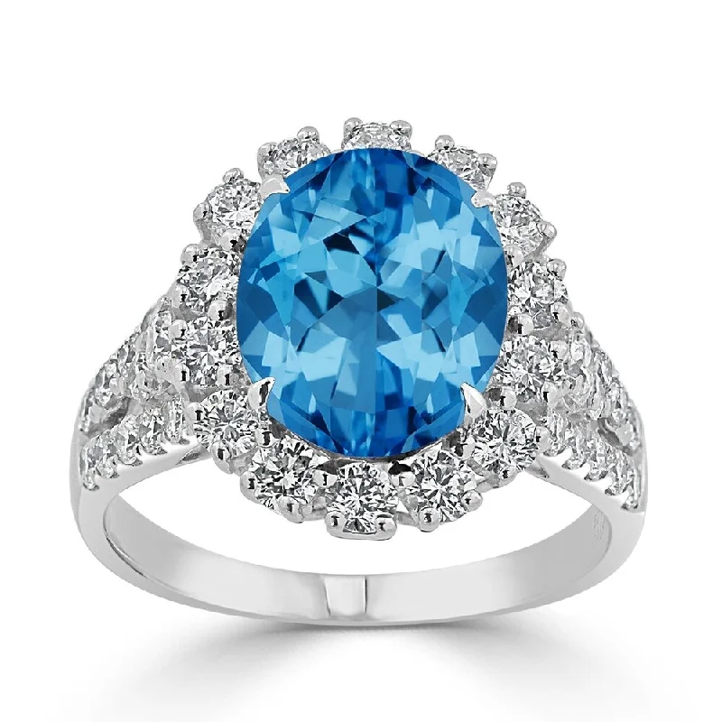 Rings with polished tourmaline for vibrant shine -Auriya 4 1/3ct Oval-cut Blue Topaz and Halo Diamond Ring 7/8ctw 18K Gold