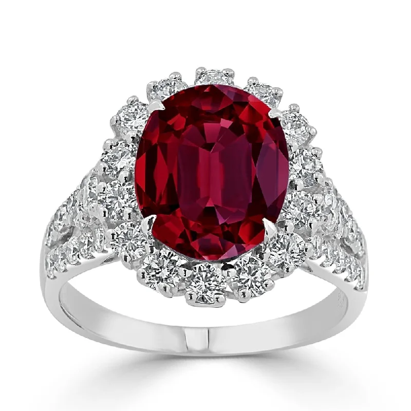 Rings with aquamarine stones for ocean charm -Auriya 4 7/8ct Oval-cut Red Ruby and Halo Diamond Ring 7/8ctw 18K Gold