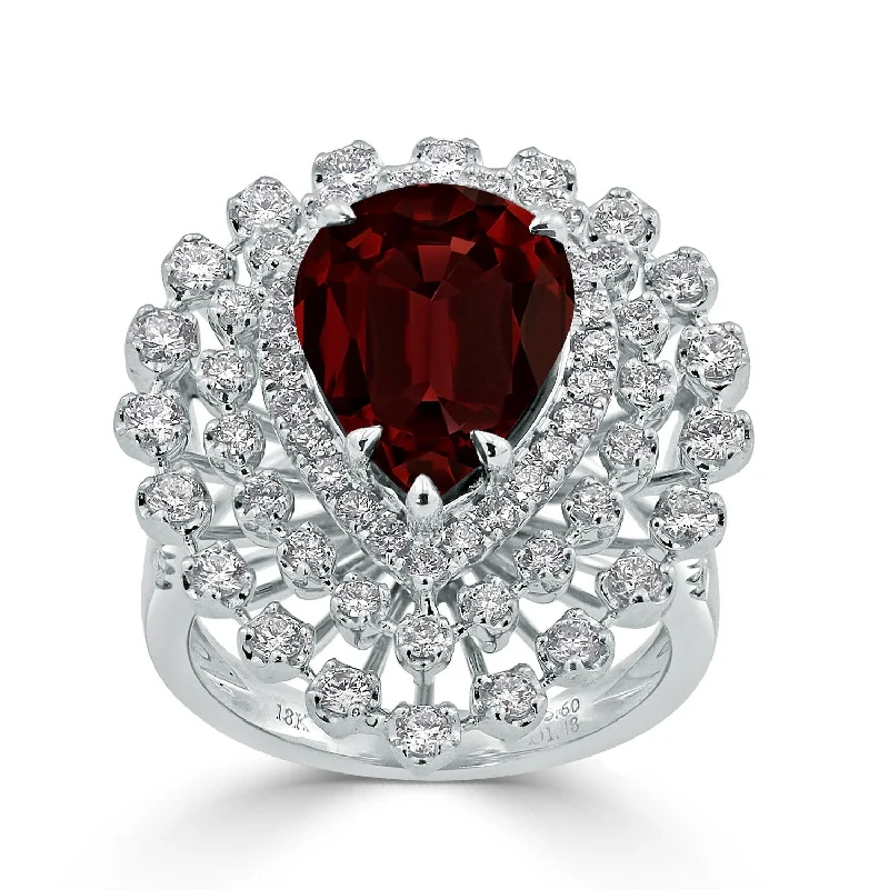 Rings with starburst topaz for radiant beauty -Auriya 5 7/8ct Pear-cut Red Garnet and Halo Diamond Ring 1 1/2cttw 18K Gold