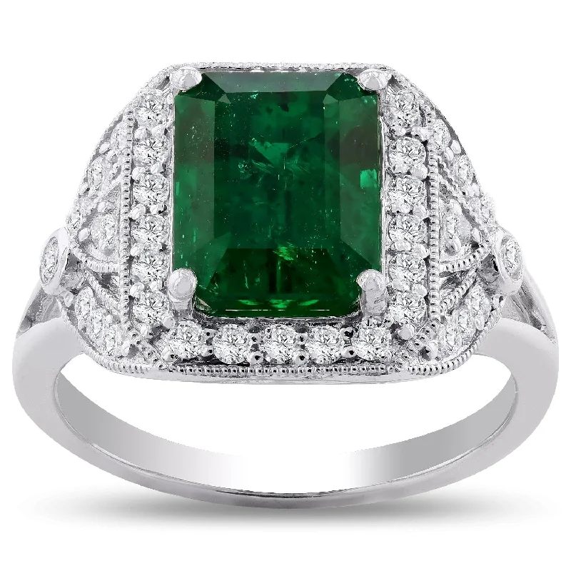 Rings with blue quartz for cool tones -Auriya Platinum 3 1/5ct Emerald-Cut Emerald and 3/8ct TDW Diamond Halo Engagement Ring