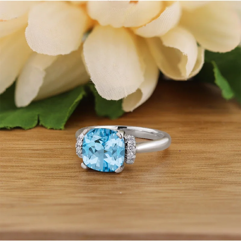 Chunky rings with hammered gold band texture -Auriya Unique 3 3/8ct Cushion-cut Sky Blue Topaz and Diamond Engagement Ring 1/5cttw 14k Gold