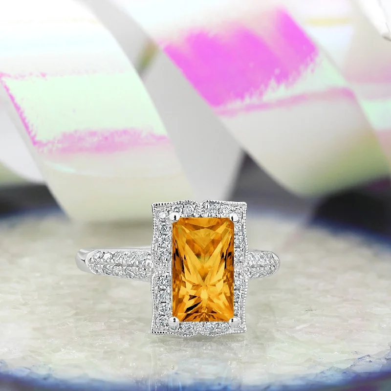 Rings with crescent moon for lunar charm -Auriya Vintage 2 5/8ct Emerald-cut Citrine and Halo Diamond Engagement Ring 1/3ctw 14k Gold