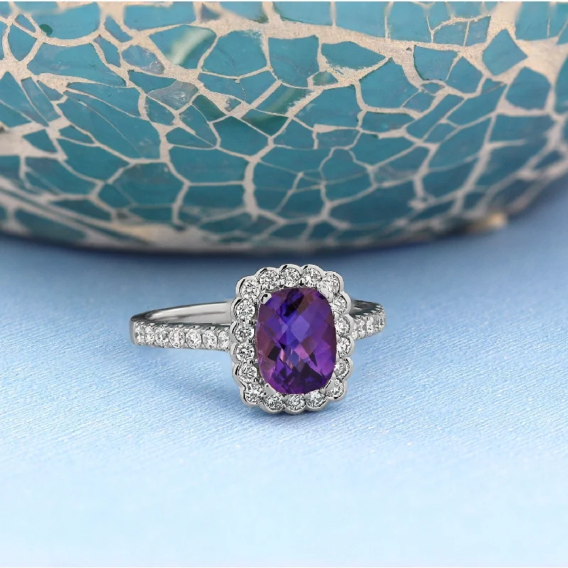 Handcrafted rings with raw emerald rough stones -Auriya Vintage 3/4ct Cushion-cut Purple Amethyst Halo Diamond Engagement Ring 1/2ctw 14k Gold