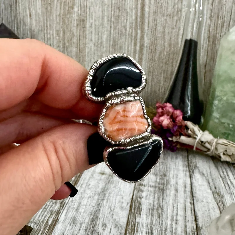 Rings with coral stones for vibrant pop -Black Onyx Banded Agate Ring Size 9 Three Stone Ring in Silver/ Foxlark Collection