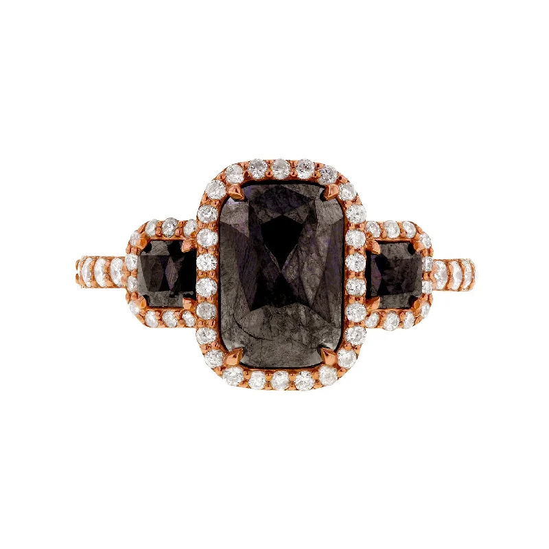 Minimalist rings with tiny diamond dot accents -Black & Rose Rustic Elongated Tri-Halo