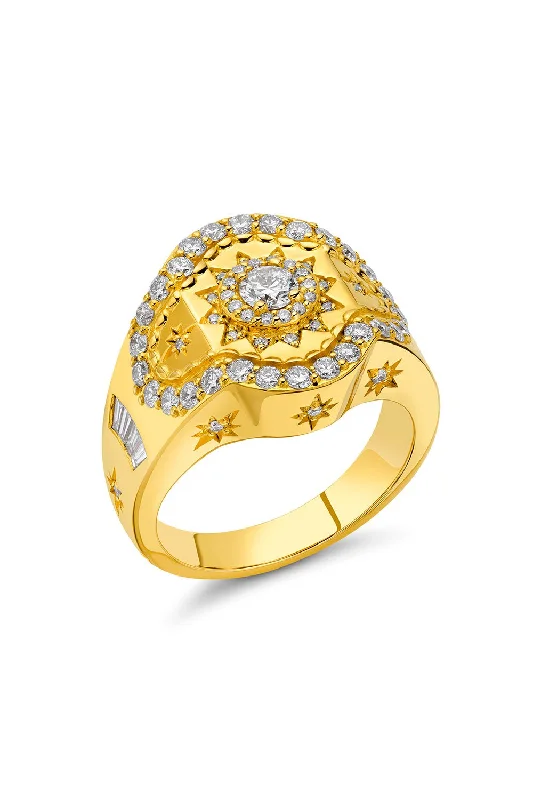 Rings with vintage-inspired rose-cut diamonds -Diamond Sun Signet Ring