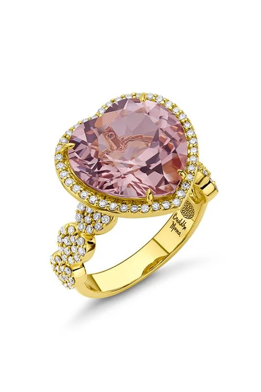 Chunky rings with hammered gold band texture -Morganite Diamond Heart Ring