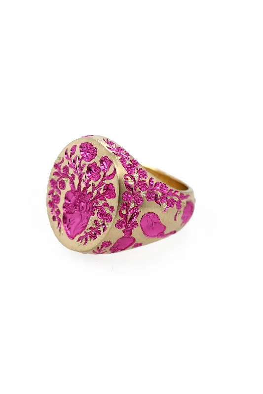 Gold rings with intricate celtic knot patterns -Heavy Heart Pink Signet Ring