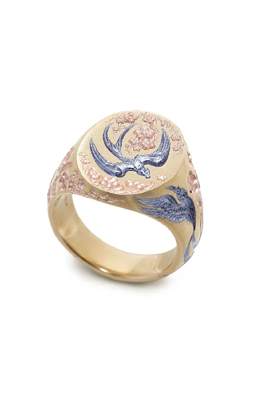 Rings with claw-set moonstone for mystique -Pink Purple Swallow Hummingbird Signet Ring