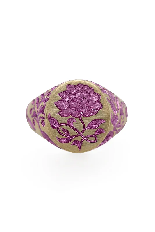 Vintage rings with engraved floral band designs -Purple Peony Signet Ring