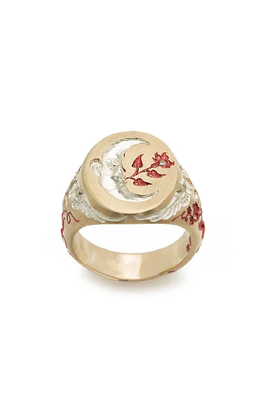 Rings with vintage-inspired rose-cut diamonds -Ruby Moon Owl Signet Ring