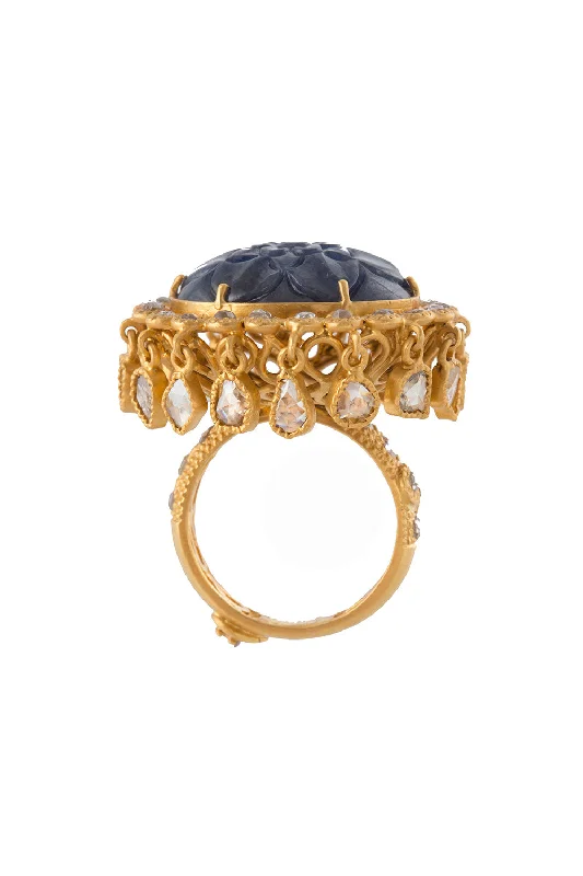 Rings with twisted rose gold band designs -Carved Blue Sapphire Antiquity Ring