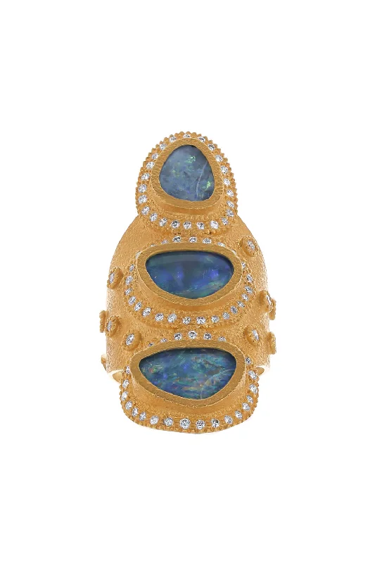 Rings with vine-wrapped bands for nature -Triple Opal Affinity Ring