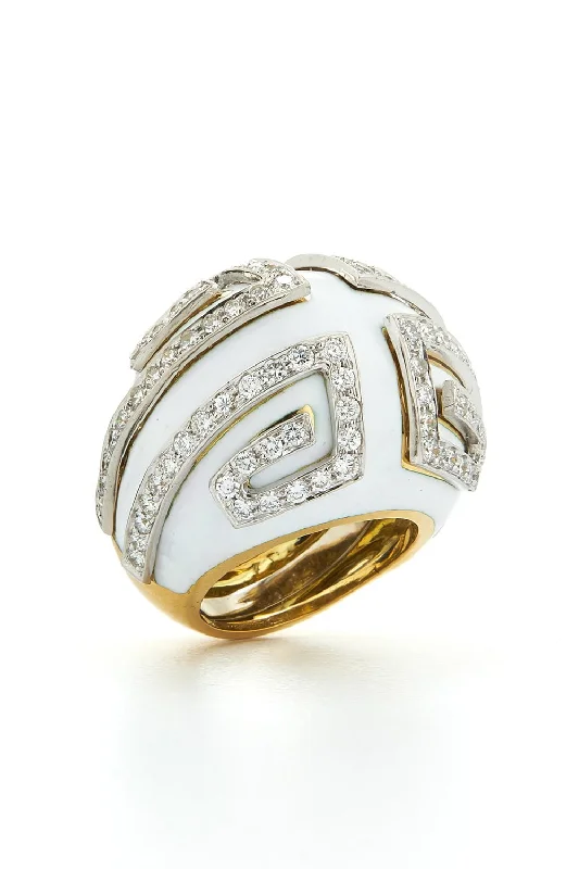 Vintage rings with engraved floral band designs -Diamond White Enamel Scroll Ring