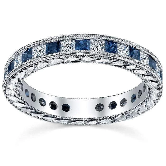 Rings with double bands for modern twist -Diamond Eternity Wedding Ring Band with Sapphires or Rubies in Channel Setting