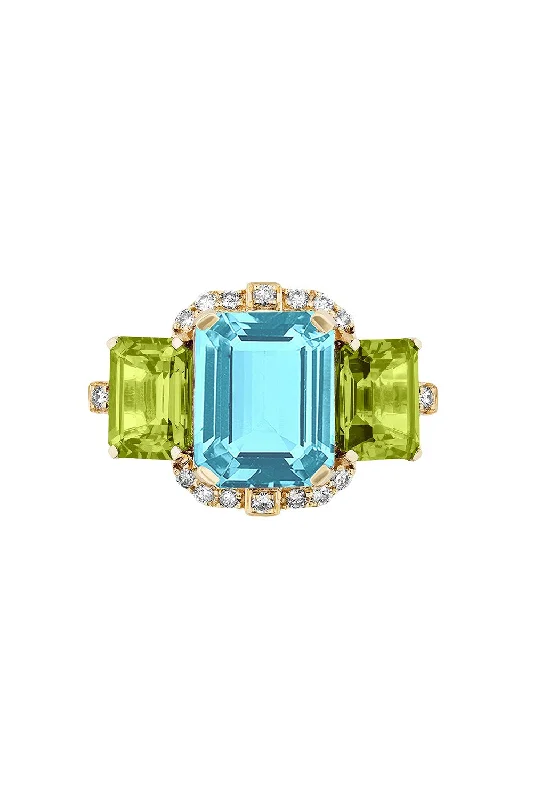 Rings with pink sapphire for delicate charm -Gossip Three Stone Blue Topaz Peridot Ring