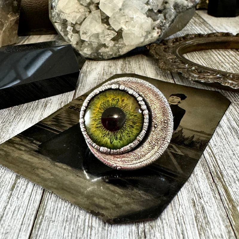 Rings with raw citrine for sunny charm -Green Glass Eye Statement Ring Silver Size 10  / Foxlark Collection