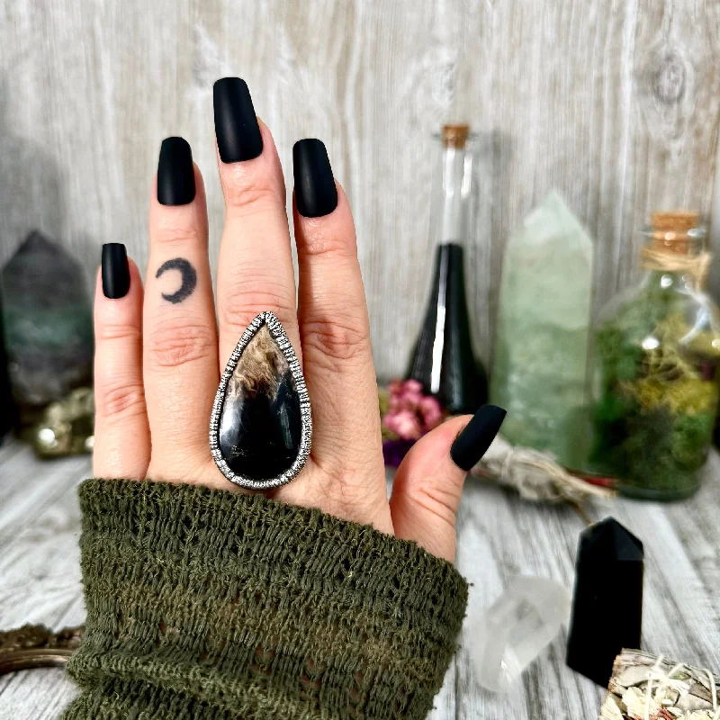 Rings with labradorite stones for mystic flash -Large Fossilized Palm Root Ring in Silver Size 10  / Foxlark Crystal Jewelry Collection