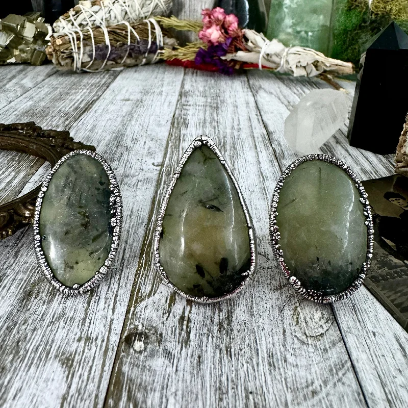 Rings with rough peridot for green texture -Large Green Prehnite Ring Silver Size 7 8 9 / Foxlark Collection