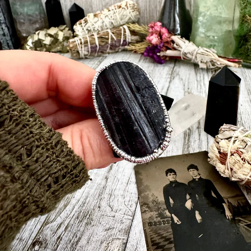 Rings with double bands for modern twist -Large Raw Black Tourmaline Ring Silver Size 8 / Foxlark Jewelry Collection