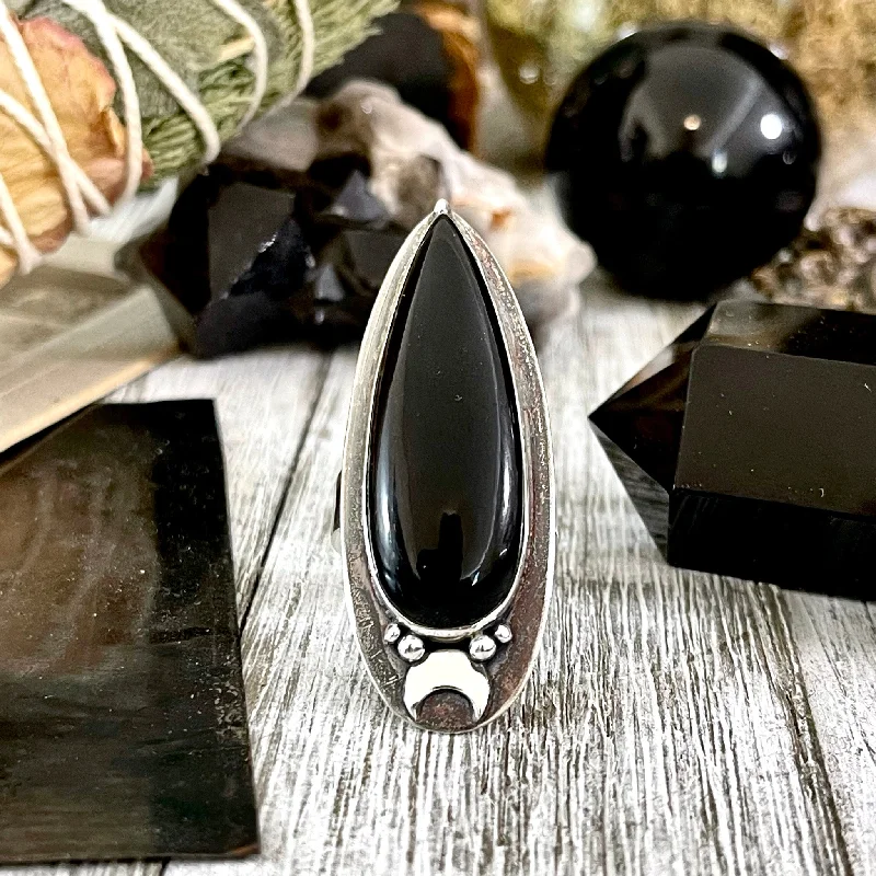 Rings with aquamarine stones for ocean charm -Black Onyx Ring in Sterling Silver, Magic Moon Ring/  Designed by FOXLARK Collection Adjustable to Size 6 7 8 9 10