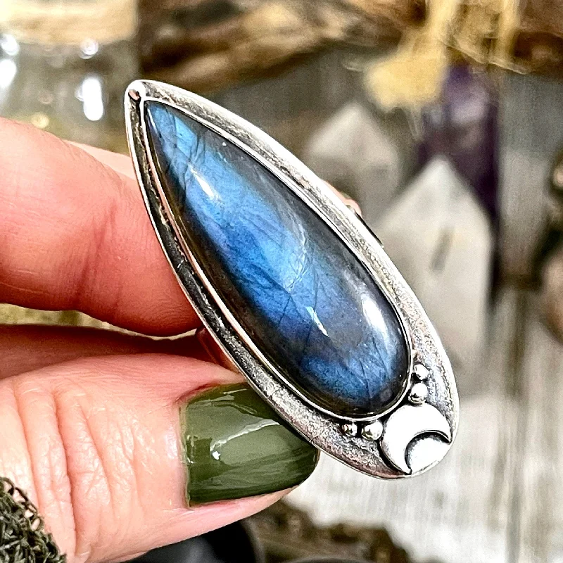 Rings with twisted rose gold band designs -Labradorite Ring Magic Moon Blue Crystal Ring / Designed by FOXLARK Adjustable Size 6 7 8 9 10