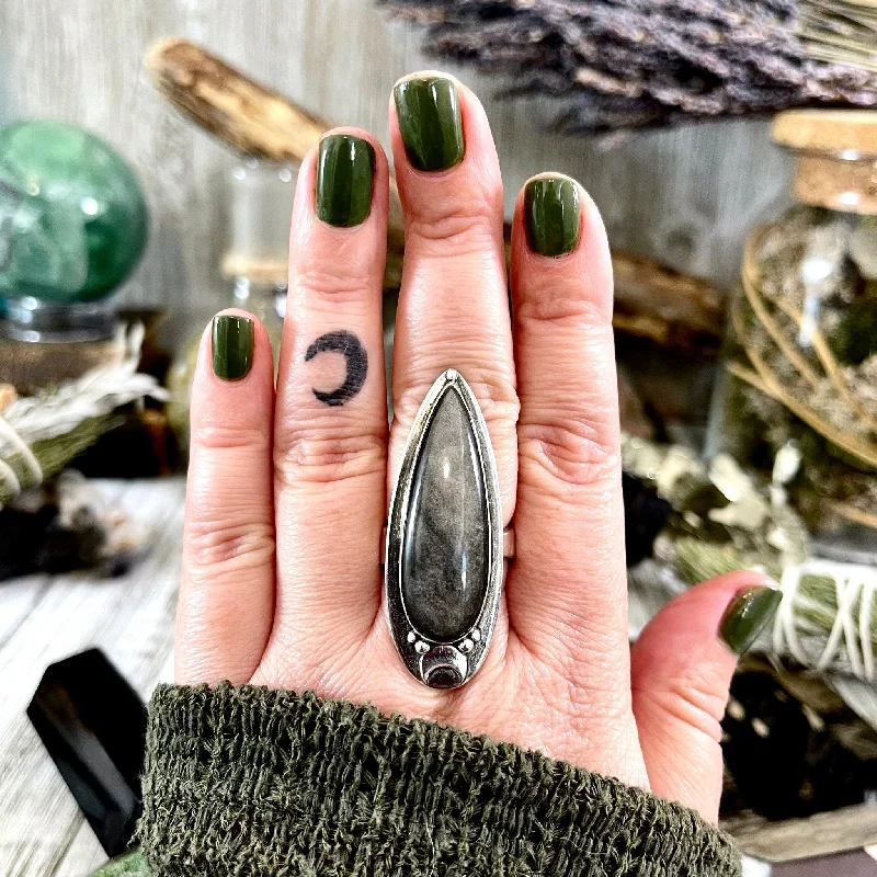 Rings with raw garnet stones for texture -Silver Sheen Obsidian Ring Sterling Silver / Magic Moon Designed by FOXLARK Adjustable Size 6 7 8 9 10