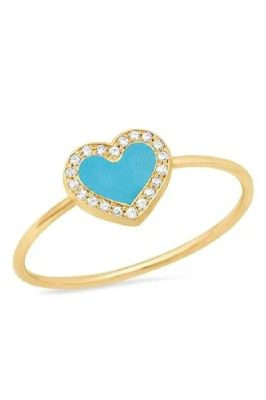 Rings with carved onyx for bold sleekness -Mini Turquoise Inlay Heart Ring with Diamonds