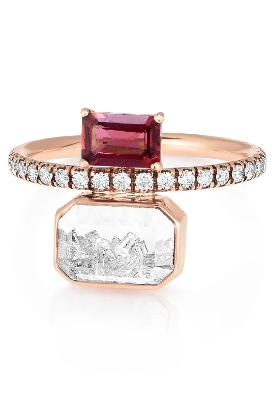 Chunky rings with hammered gold band texture -Emerald Cut Ruby Ring