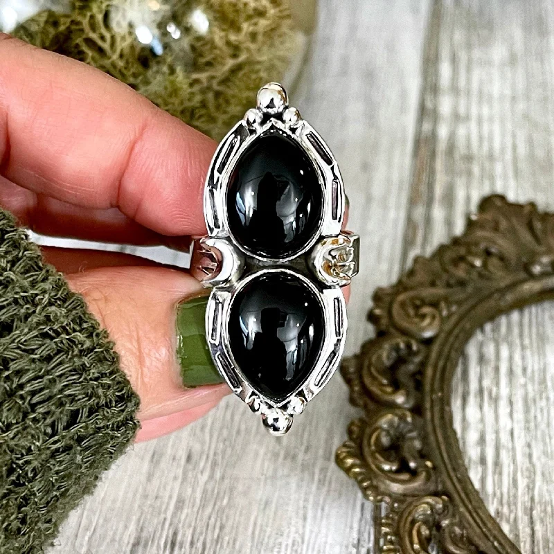 Rings with bold malachite for green swirls -Mystic Moons Black Onyx Crystal Ring in Solid Sterling Silver- Designed by FOXLARK Collection Size 6 7 8 9 10 / Gothic Jewelry