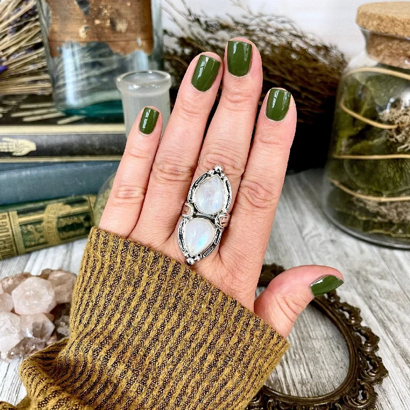 Rings with branch-inspired bands for organic -Mystic Moons Rainbow Moonstone Crystal Ring in Solid Sterling Silver- Designed by FOXLARK Collection Size 5 6 7 8 9 10 11 / Gothic Jewelry