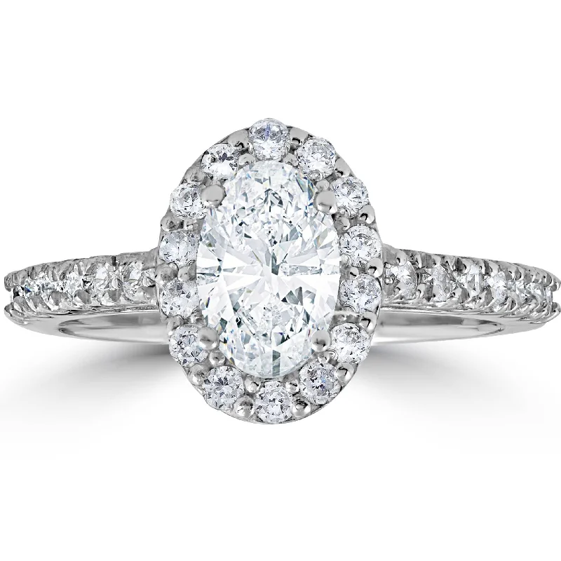 Rings with pave-set gemstones for brilliance -Platinum 1 1/2 Ct Oval Diamond Halo Engagement Ring