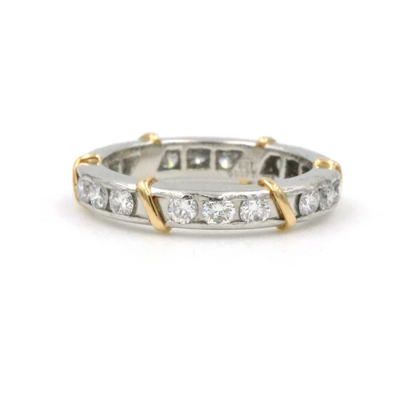 Rings with floral halo diamond arrangements -PLATINUM AND 18KY DIAMOND ETERNITY BAND