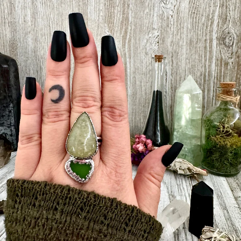 Rings with vine-wrapped bands for nature -Prehnite Sea Glass Two Stone Crystal Ring Silver Size 9 / Foxlark Collection