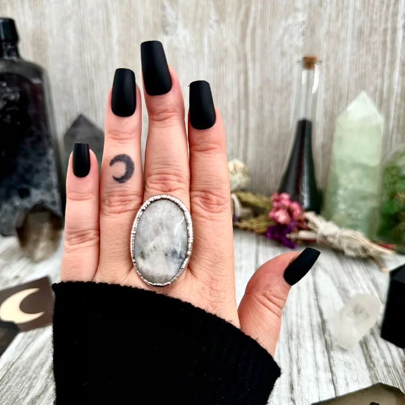 Rings with herkimer diamonds for raw clarity -Rainbow Moonstone Ring Silver Size 9 / Foxlark Collection