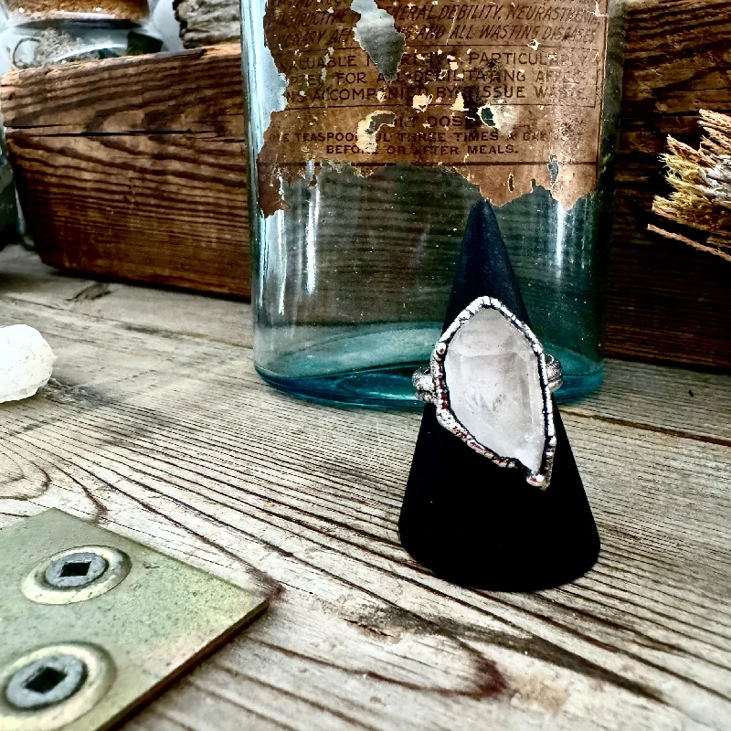 Rings with gothic rose quartz for drama -Raw Clear Quartz Crystal Point Ring Silver Size 8 / Foxlark Collection