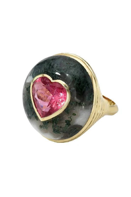 Rings with gothic-inspired skull motif details -Moss Agate Tourmaline Heart Classic Lollipop Ring