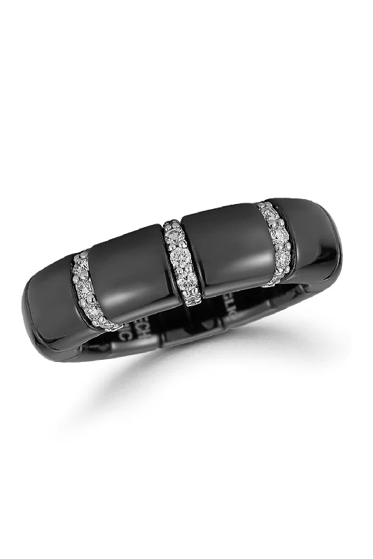 Rings with hematite for sleek metallic sheen -Diamond Gold Bar Black Ceramic Pura Stretch Ring